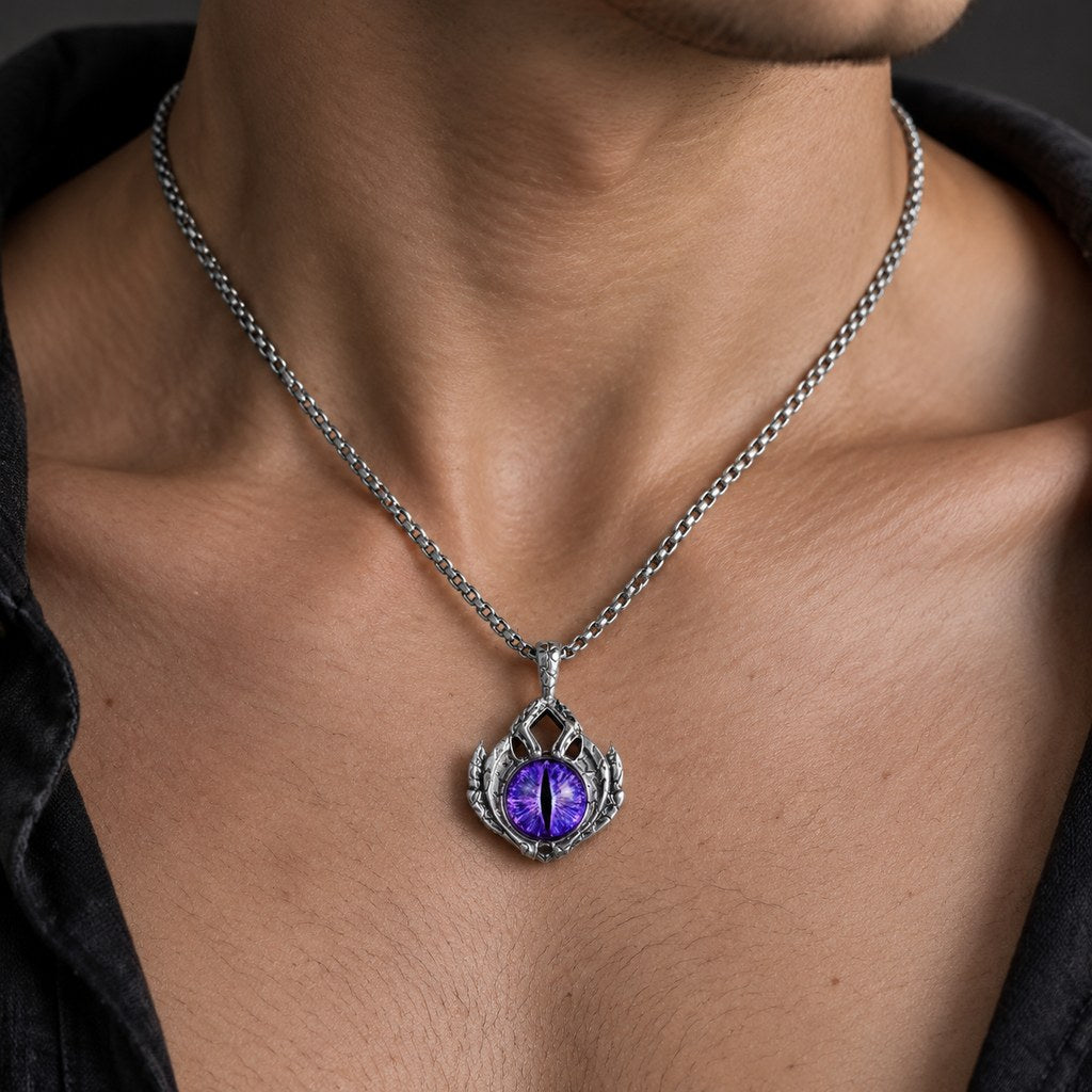 Men's Evil Eye Box Chain Necklace – Close-up of the pendant and the box chain at the neck