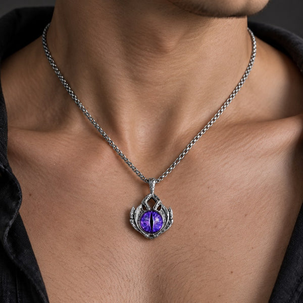 Men's Evil Eye Box Chain Necklace – Close-up of the pendant and the box chain at the neck