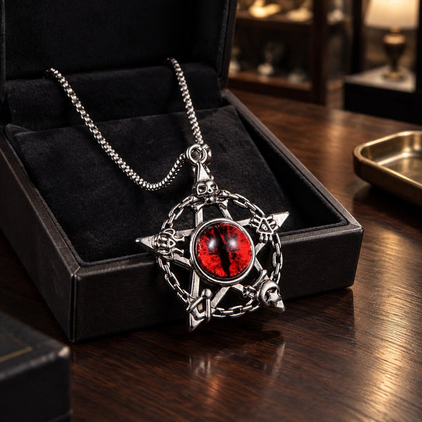 Men's Pentagram Dragon Eye Necklace – Pendant in open black velvet box on wood table, gift display