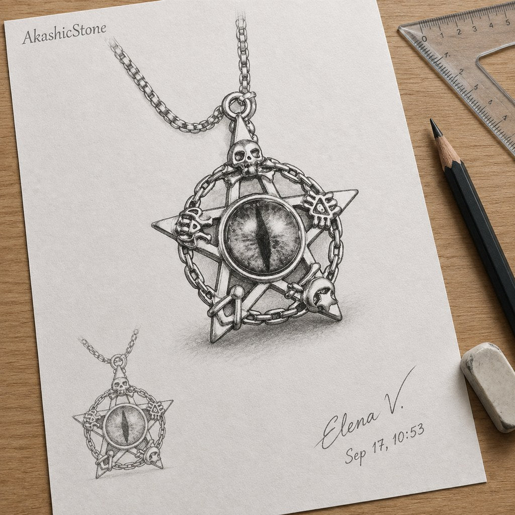 Men's Pentagram Dragon Eye Necklace – Pencil sketch of pentagram pendant and chain, design drawing