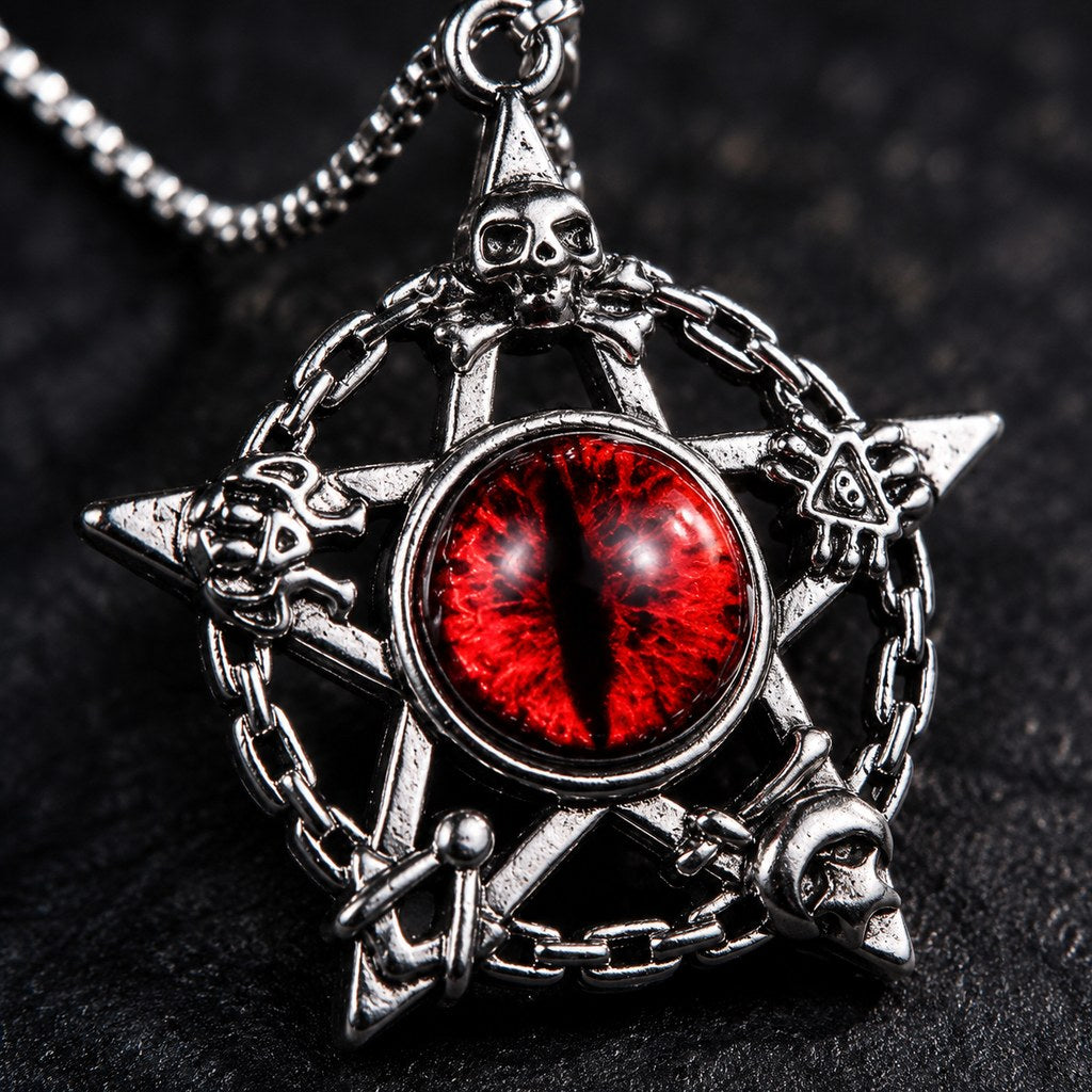 Men's Pentagram Dragon Eye Necklace – Macro of red dragon eye, skulls, and chain border, antique silver