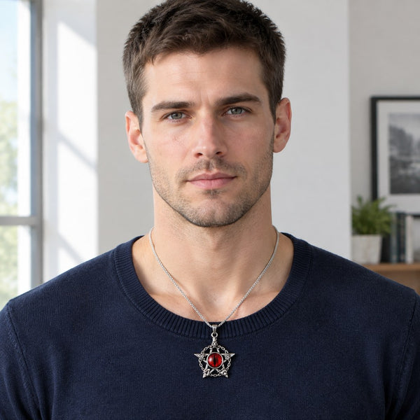 Men's Pentagram Dragon Eye Necklace – Worn over navy sweater, red eye pendant at chest, men's gothic style
