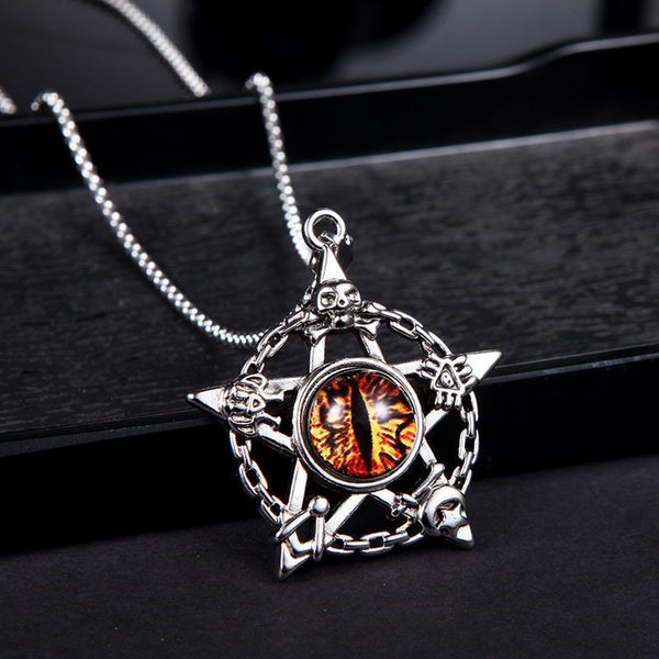 Men's Pentagram Dragon Eye Necklace – Orange fiery dragon eye in pentagram frame, Color option 1 of 4