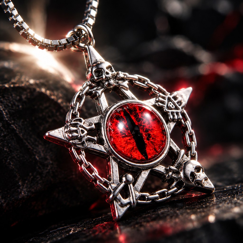 Men's Pentagram Dragon Eye Necklace – Three-quarter view of pentagram, red cabochon, and skulls, dimensional