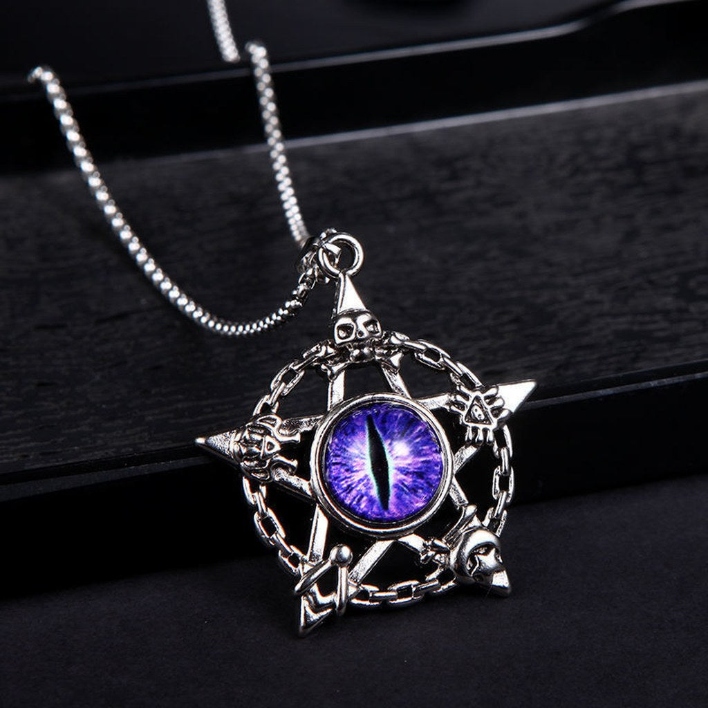 Men's Pentagram Dragon Eye Necklace – Purple violet dragon eye in pentagram frame, Color option 2 of 4