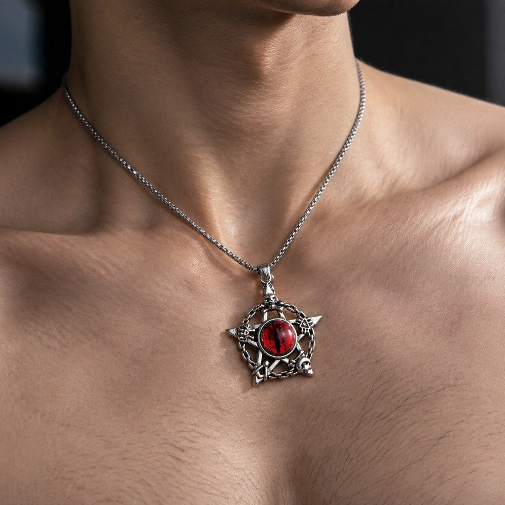 Men's Pentagram Dragon Eye Necklace – Close-up of red eye cabochon and skull pentagram on chest, detail