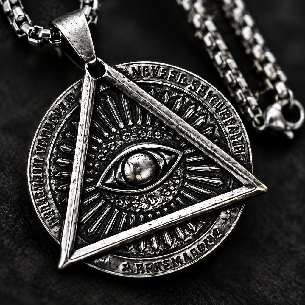 Men's Triangle Evil Eye Necklace – Macro of the raised eye, sunburst, and triangle overlay, antique silver detail