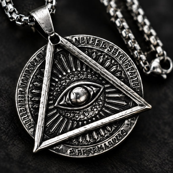 Men's Triangle Evil Eye Necklace – Macro of the raised eye, sunburst, and triangle overlay, antique silver detail