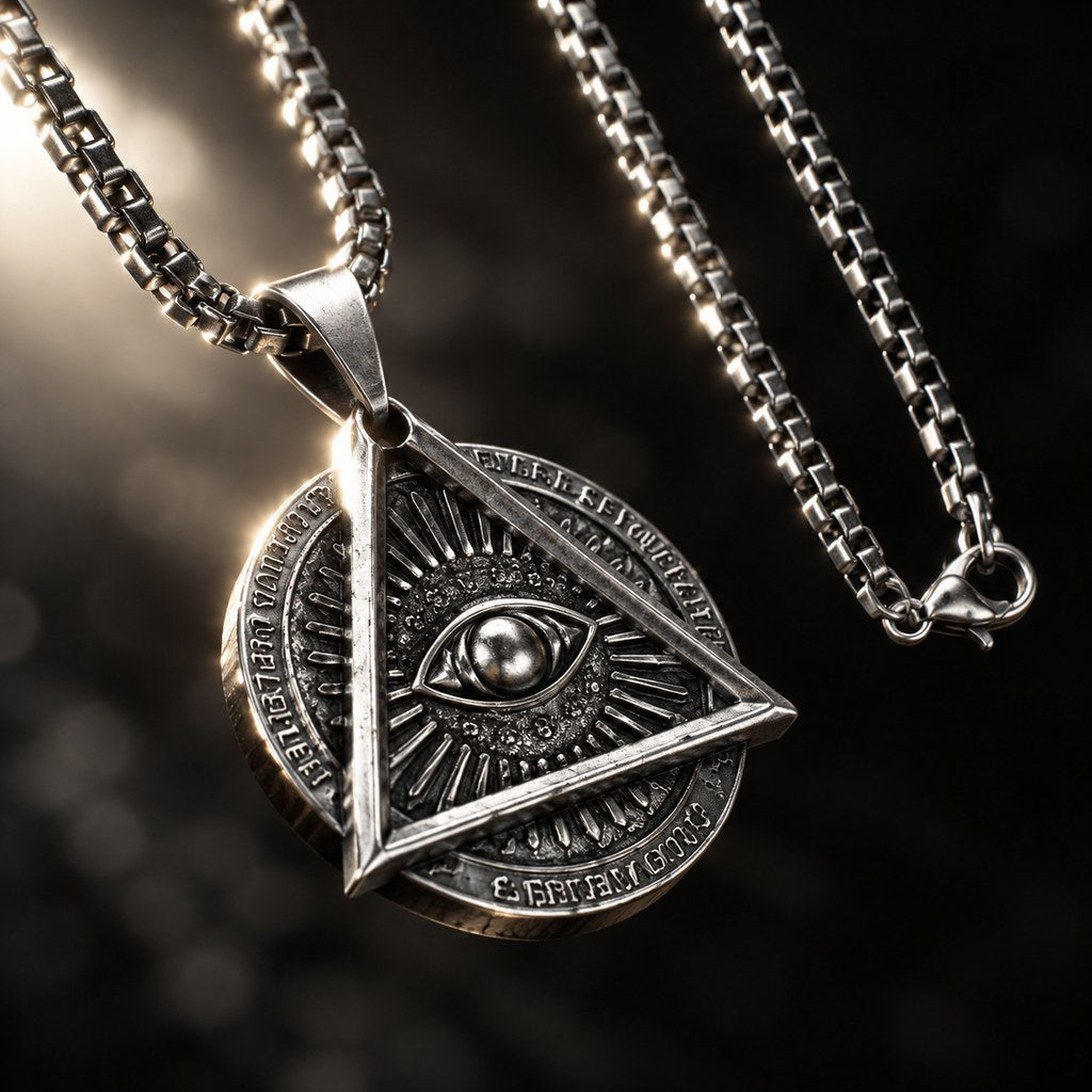 Men's Triangle Evil Eye Necklace – Backlit hanging pendant with snake chain and lobster clasp, metal shine