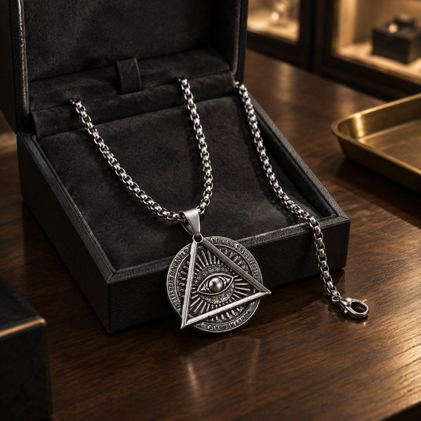 Men's Triangle Evil Eye Necklace – Pendant and chain in an open black velvet box on a wood table, product display