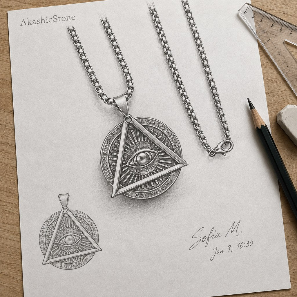 Men's Triangle Evil Eye Necklace – Pencil drawing of the triangle pendant, snake chain, and clasp, design sketch