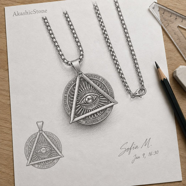 Men's Triangle Evil Eye Necklace – Pencil drawing of the triangle pendant, snake chain, and clasp, design sketch