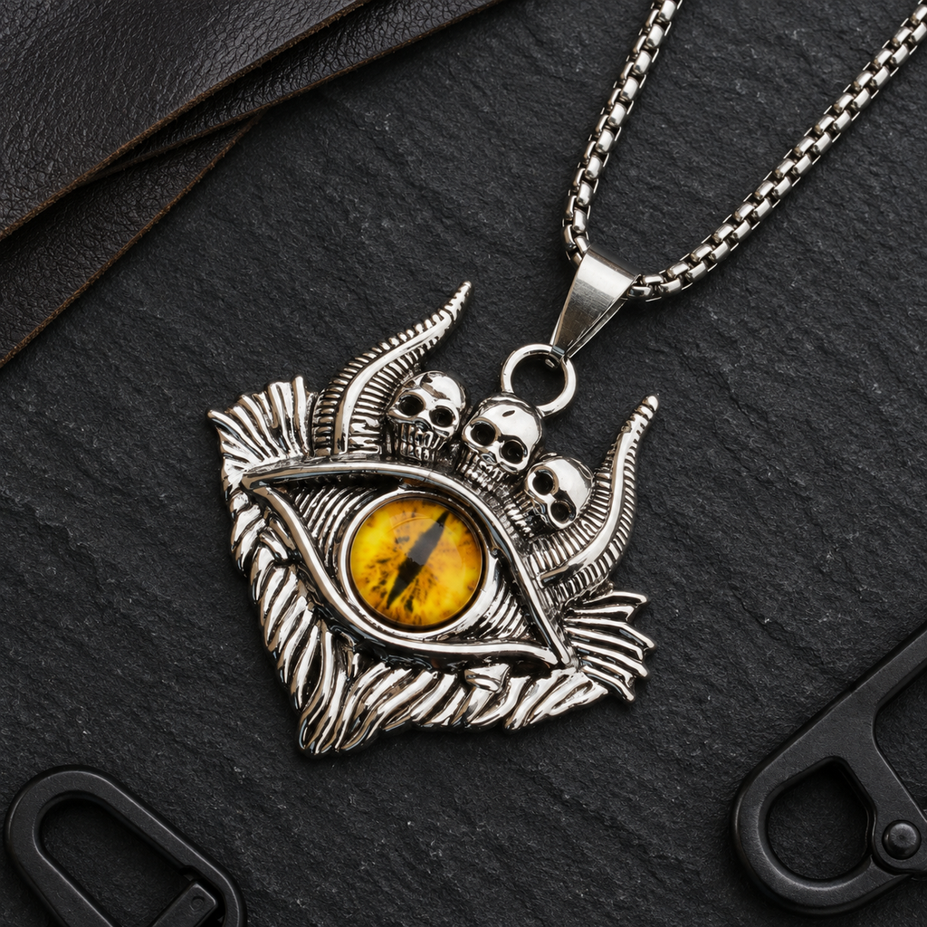 mens skull all seeing eye necklace flat lay