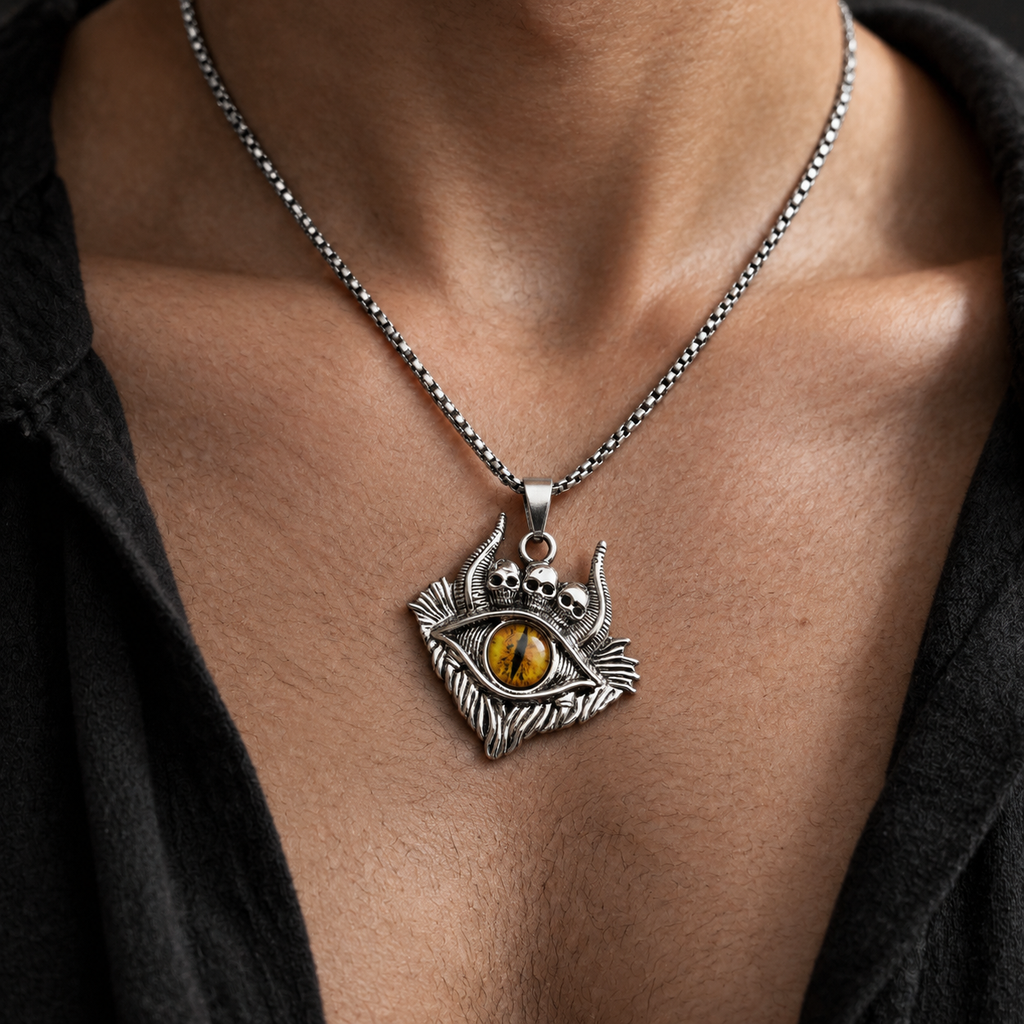 mens skull all seeing eye necklace wear closeup