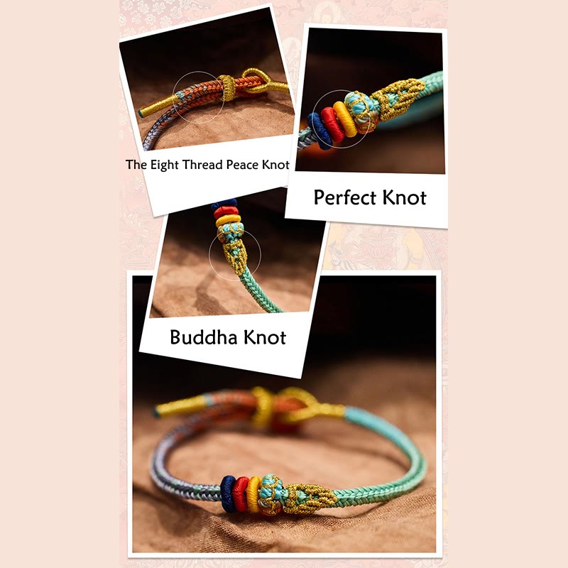 Five-Color Eight Thread Peace Knot Bracelet – Composite showing full bracelet with eight thread peace knot, perfect knot and Buddha knot detail shots on pink patterned backdrop