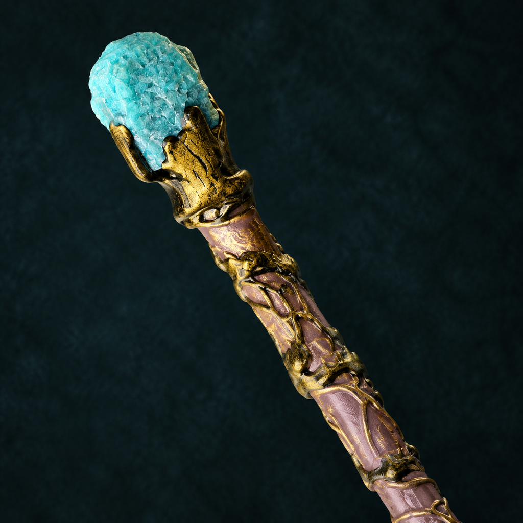 Natural Amazonite Raw Stone Magic Wand - Handmade 32-38cm - magic_wand_sku16_34cm_top_closeup_square