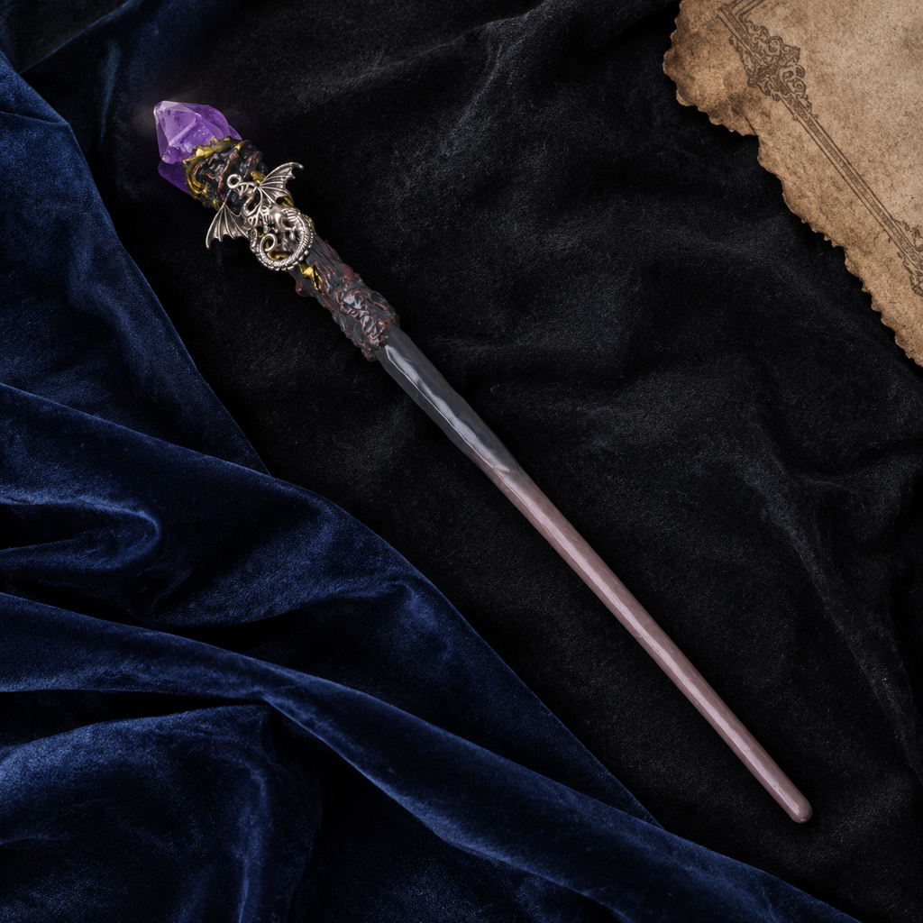 Natural Amethyst Flower Raw Stone Magic Wand - Handmade 32-38cm - magic_wand_sku04_34cm_flat_lay_square