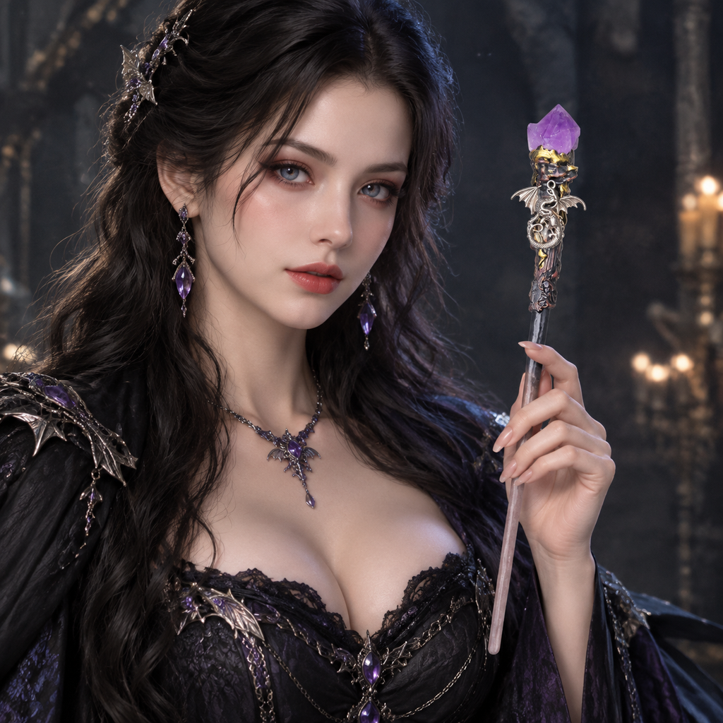 Natural Amethyst Flower Raw Stone Magic Wand - Handmade 32-38cm - magic_wand_sku04_34cm_halfbody_handheld_square