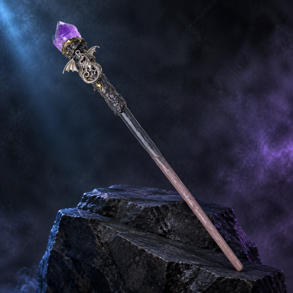 Natural Amethyst Flower Raw Stone Magic Wand - Handmade 32-38cm - magic_wand_sku04_34cm_hero_square