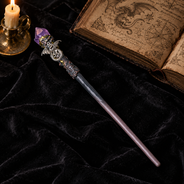 Natural Amethyst Flower Raw Stone Magic Wand - Handmade 32-38cm - magic_wand_sku04_34cm_lifestyle_square