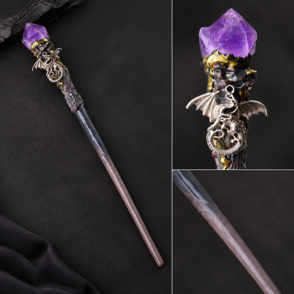 Natural Amethyst Flower Raw Stone Magic Wand - Handmade 32-38cm - magic_wand_sku04_34cm_material_detail_square
