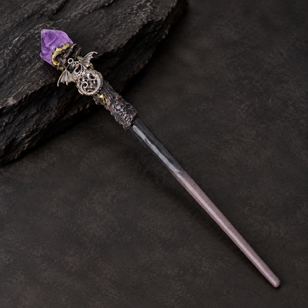 Natural Amethyst Flower Raw Stone Magic Wand - Handmade 32-38cm - magic_wand_sku04_34cm_ornament_detail_square