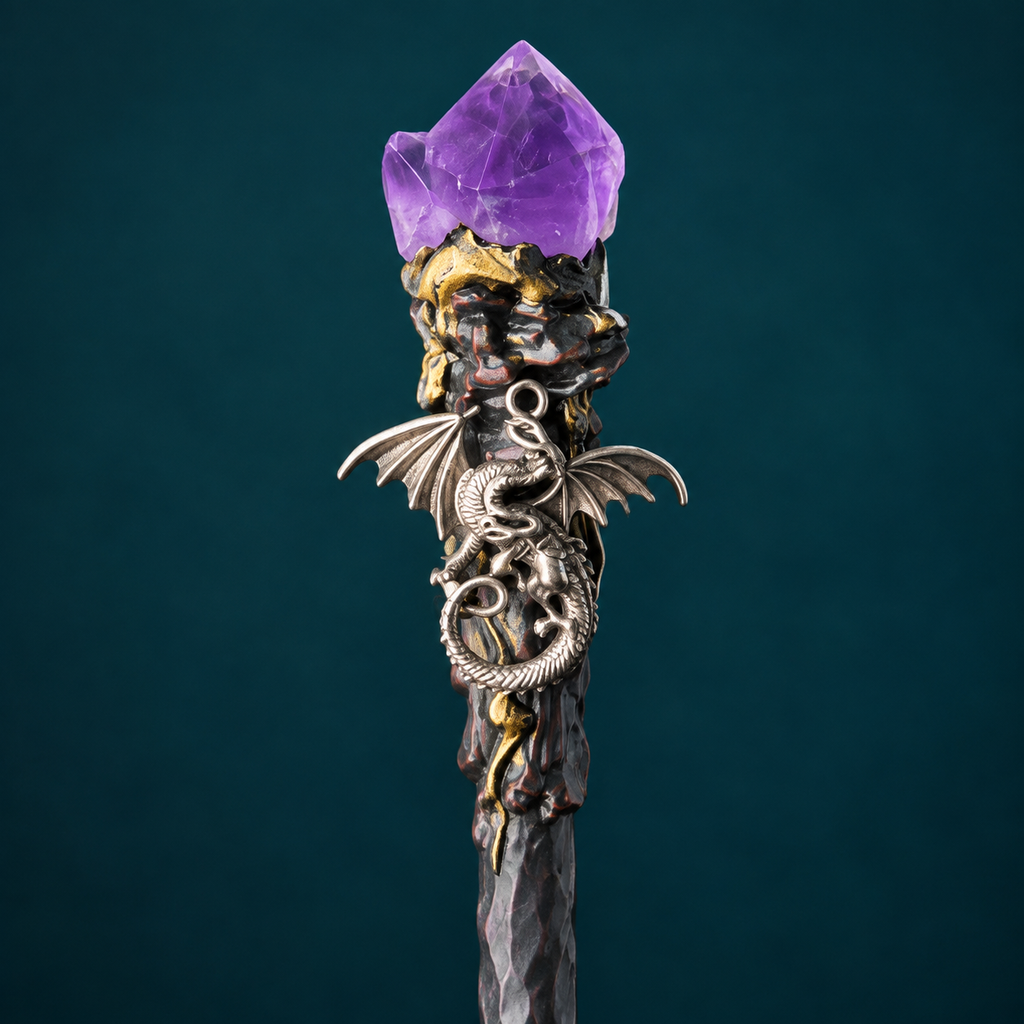 Natural Amethyst Flower Raw Stone Magic Wand - Handmade 32-38cm - magic_wand_sku04_34cm_top_closeup_square