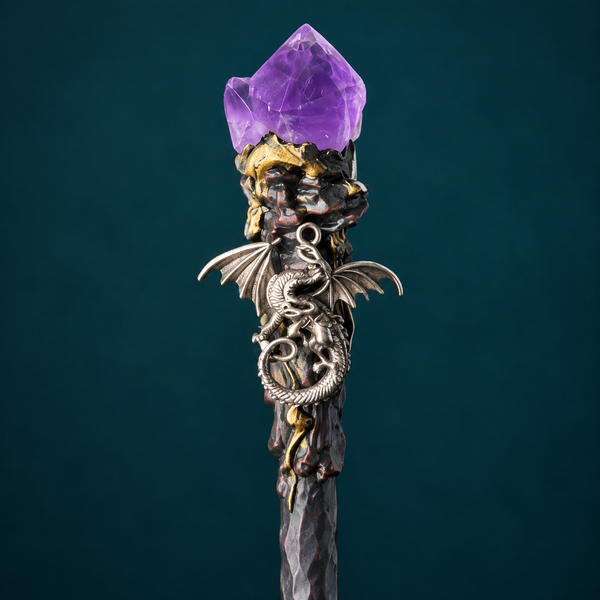 Natural Amethyst Flower Raw Stone Magic Wand - Handmade 32-38cm - magic_wand_sku04_34cm_top_closeup_square