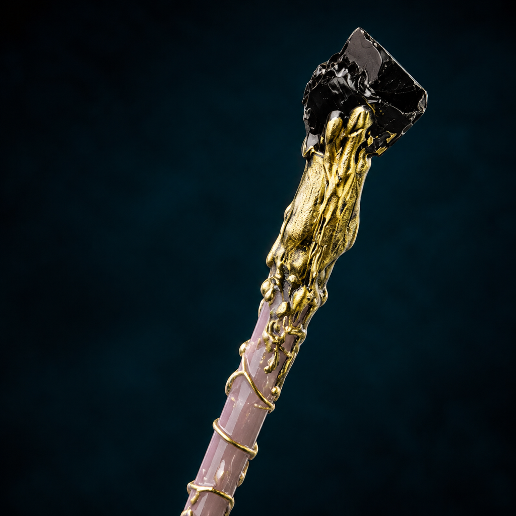 Natural Black Obsidian Raw Stone Magic Wand - Handmade 32-38cm - magic_wand_34cm_top_closeup_square