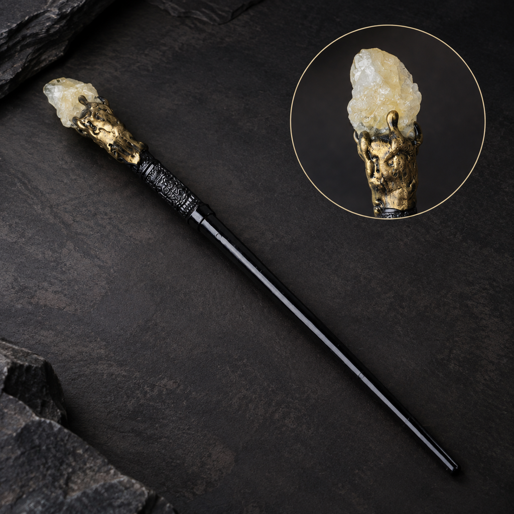 Natural Citrine Raw Stone Magic Wand - Handmade 32-38cm - magic_wand_sku05_34cm_material_detail_square