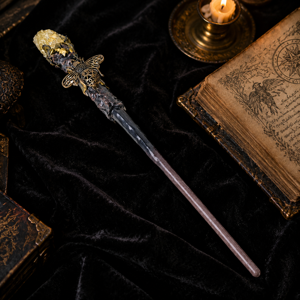 Natural Citrine Style 2 Raw Stone Magic Wand - Handmade 32-38cm - magic_wand_sku06_34cm_lifestyle_square