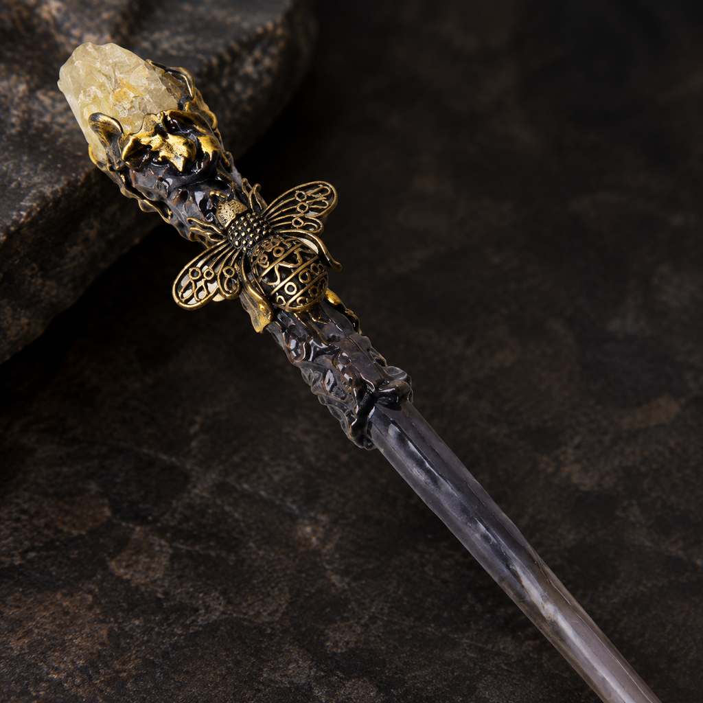 Natural Citrine Style 2 Raw Stone Magic Wand - Handmade 32-38cm - magic_wand_sku06_34cm_ornament_detail_square