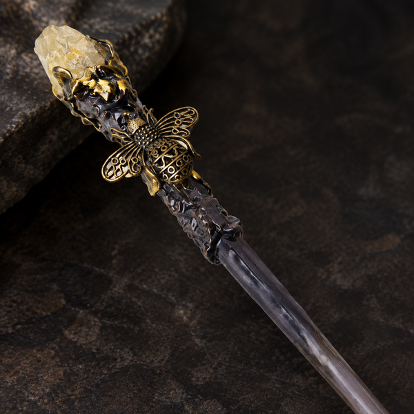 Natural Citrine Style 2 Raw Stone Magic Wand - Handmade 32-38cm - magic_wand_sku06_34cm_ornament_detail_square