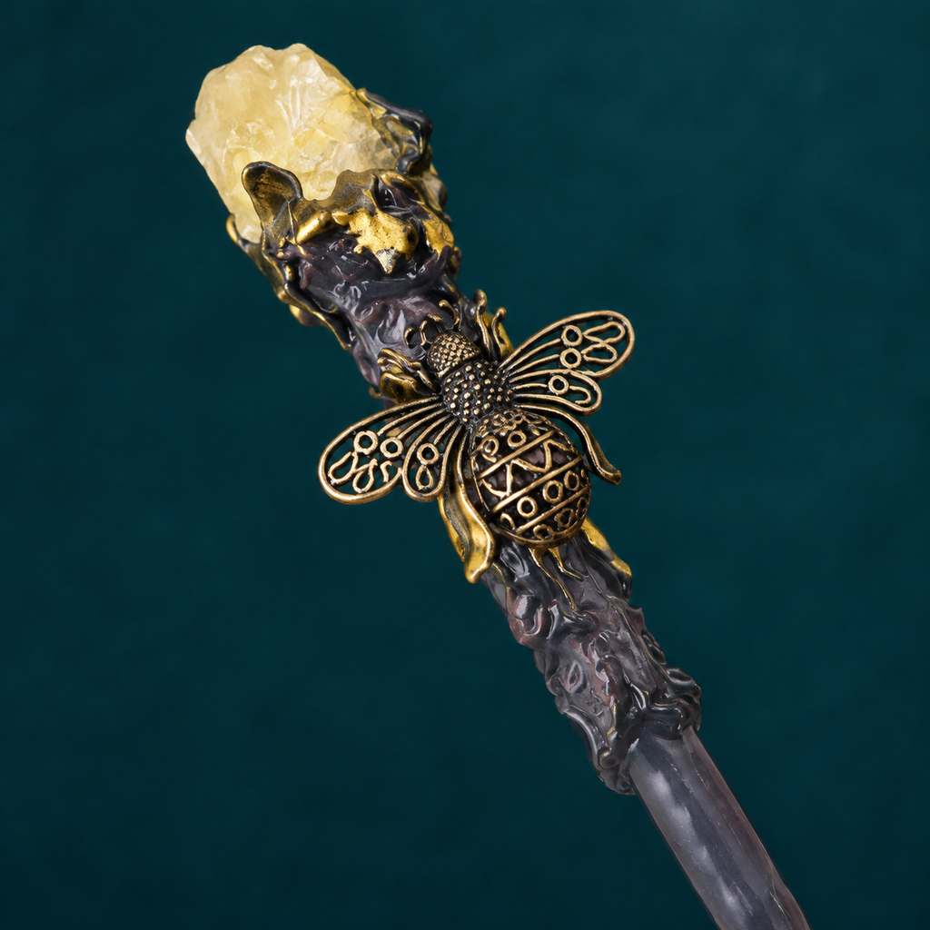 Natural Citrine Style 2 Raw Stone Magic Wand - Handmade 32-38cm - magic_wand_sku06_34cm_top_closeup_square