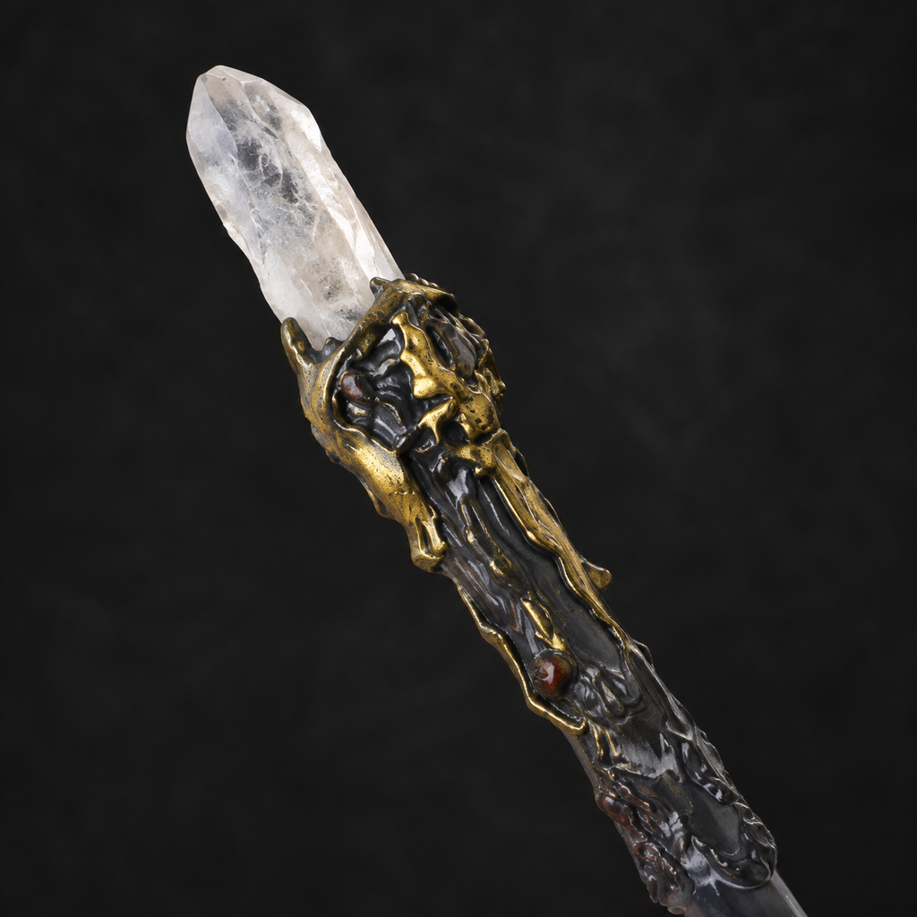 Natural Clear Quartz Column Raw Stone Magic Wand - Handmade 32-38cm - magic_wand_sku18_34cm_top_closeup_square