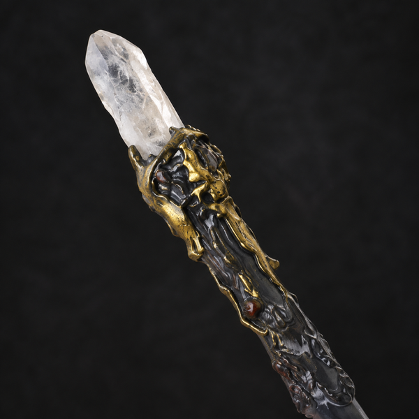 Natural Clear Quartz Column Raw Stone Magic Wand - Handmade 32-38cm - magic_wand_sku18_34cm_top_closeup_square