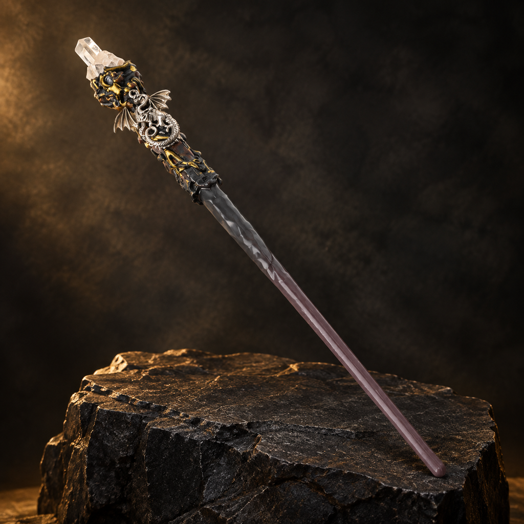 Natural Clear Quartz Column Style 2 Raw Stone Magic Wand - Handmade 32-38cm - magic_wand_sku19_34cm_hero_square