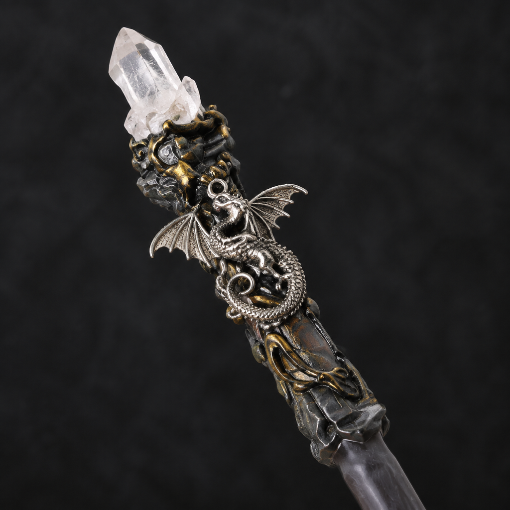 Natural Clear Quartz Column Style 2 Raw Stone Magic Wand - Handmade 32-38cm - magic_wand_sku19_34cm_top_closeup_square