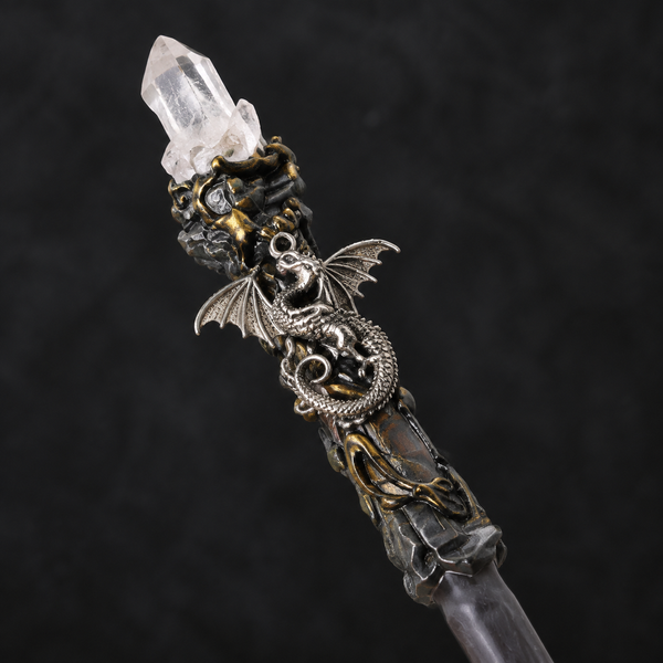 Natural Clear Quartz Column Style 2 Raw Stone Magic Wand - Handmade 32-38cm - magic_wand_sku19_34cm_top_closeup_square
