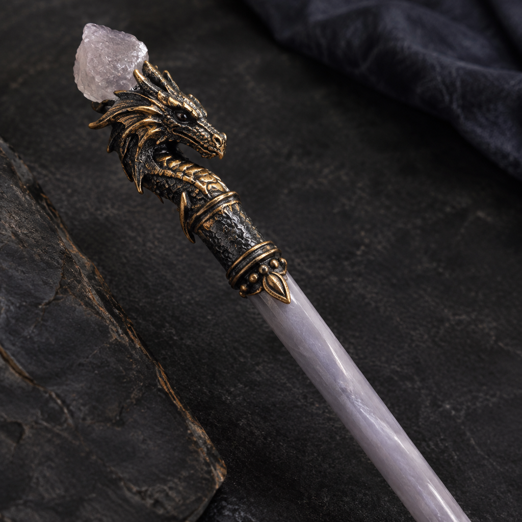 Natural Clear Quartz Raw Stone Magic Wand - Handmade 32-38cm - magic_wand_sku09_34cm_material_detail_square