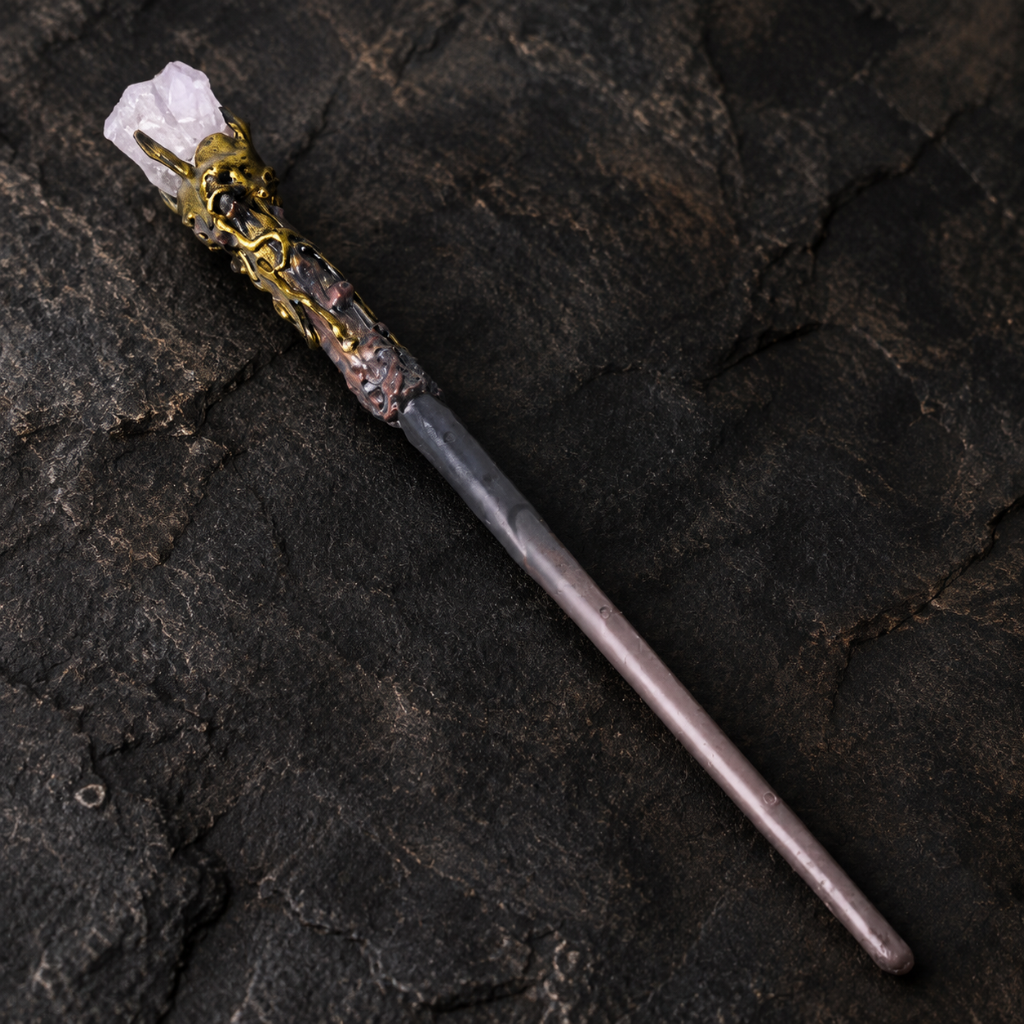 Natural Clear Quartz Raw Stone Magic Wand - Handmade 32-38cm - magic_wand_sku09_34cm_ornament_detail_square