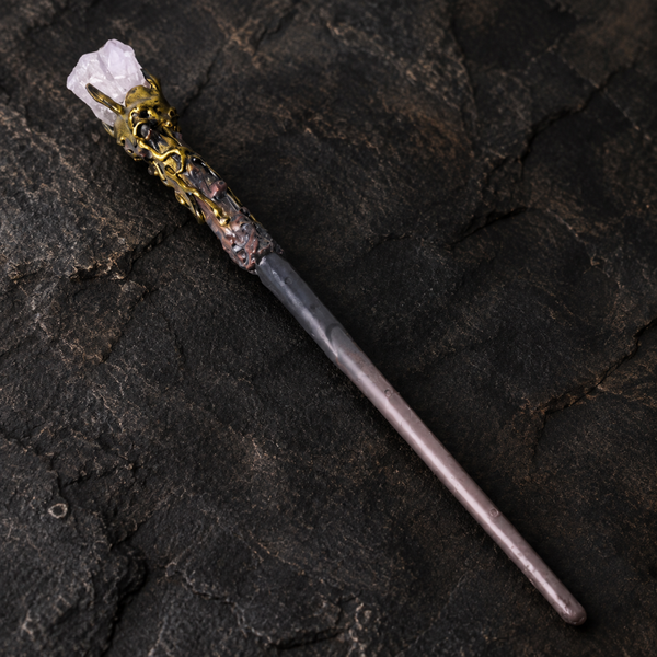 Natural Clear Quartz Raw Stone Magic Wand - Handmade 32-38cm - magic_wand_sku09_34cm_ornament_detail_square
