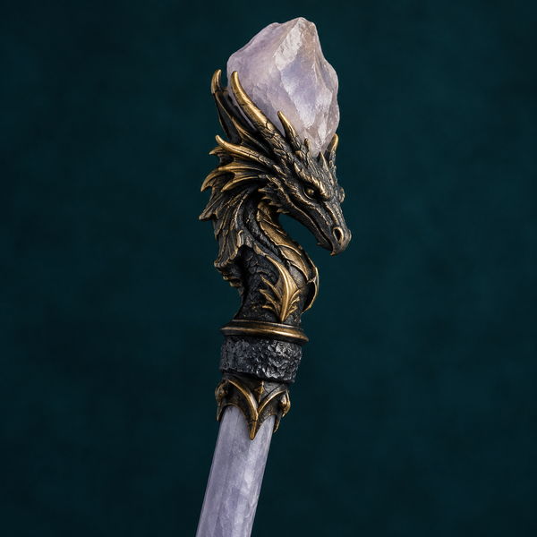 Natural Clear Quartz Raw Stone Magic Wand - Handmade 32-38cm - magic_wand_sku09_34cm_top_closeup_square