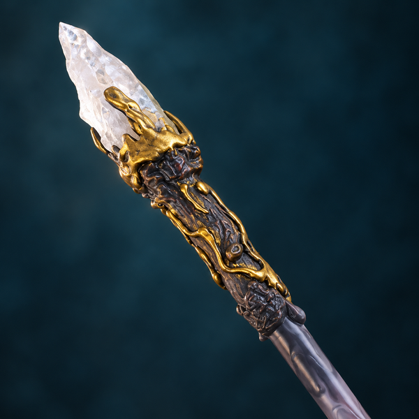 Natural Clear Quartz Style 2 Raw Stone Magic Wand - Handmade 32-38cm - magic_wand_sku10_34cm_top_closeup_square