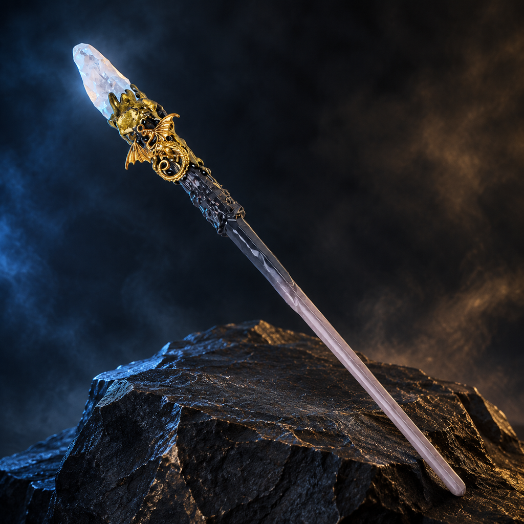 Natural Clear Quartz Style 3 Raw Stone Magic Wand - Handmade 32-38cm - magic_wand_sku11_34cm_hero_square