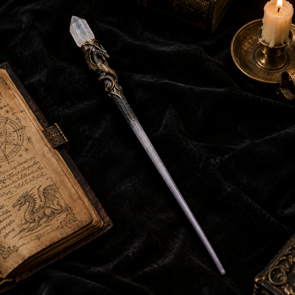 Natural Clear Quartz Style 3 Raw Stone Magic Wand - Handmade 32-38cm - magic_wand_sku11_34cm_lifestyle_square