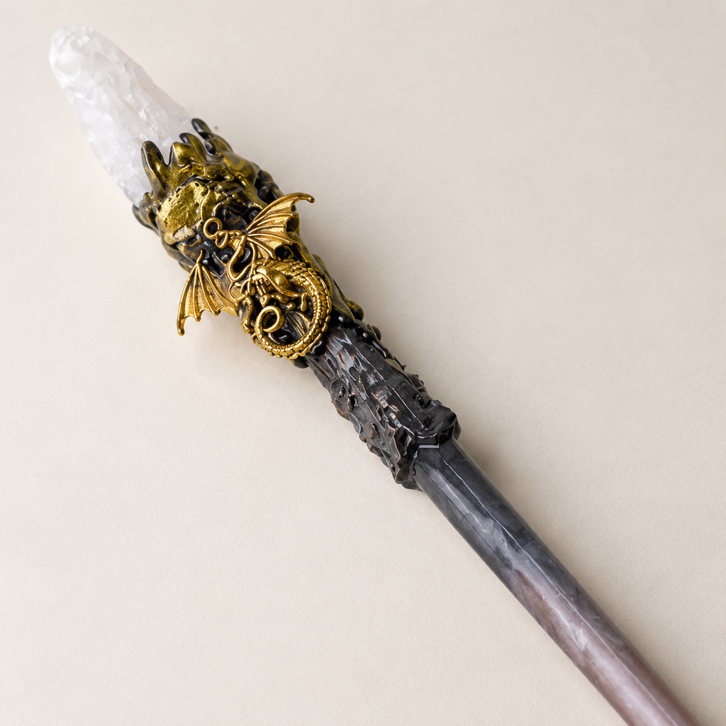 Natural Clear Quartz Style 3 Raw Stone Magic Wand - Handmade 32-38cm - magic_wand_sku11_34cm_material_detail_square