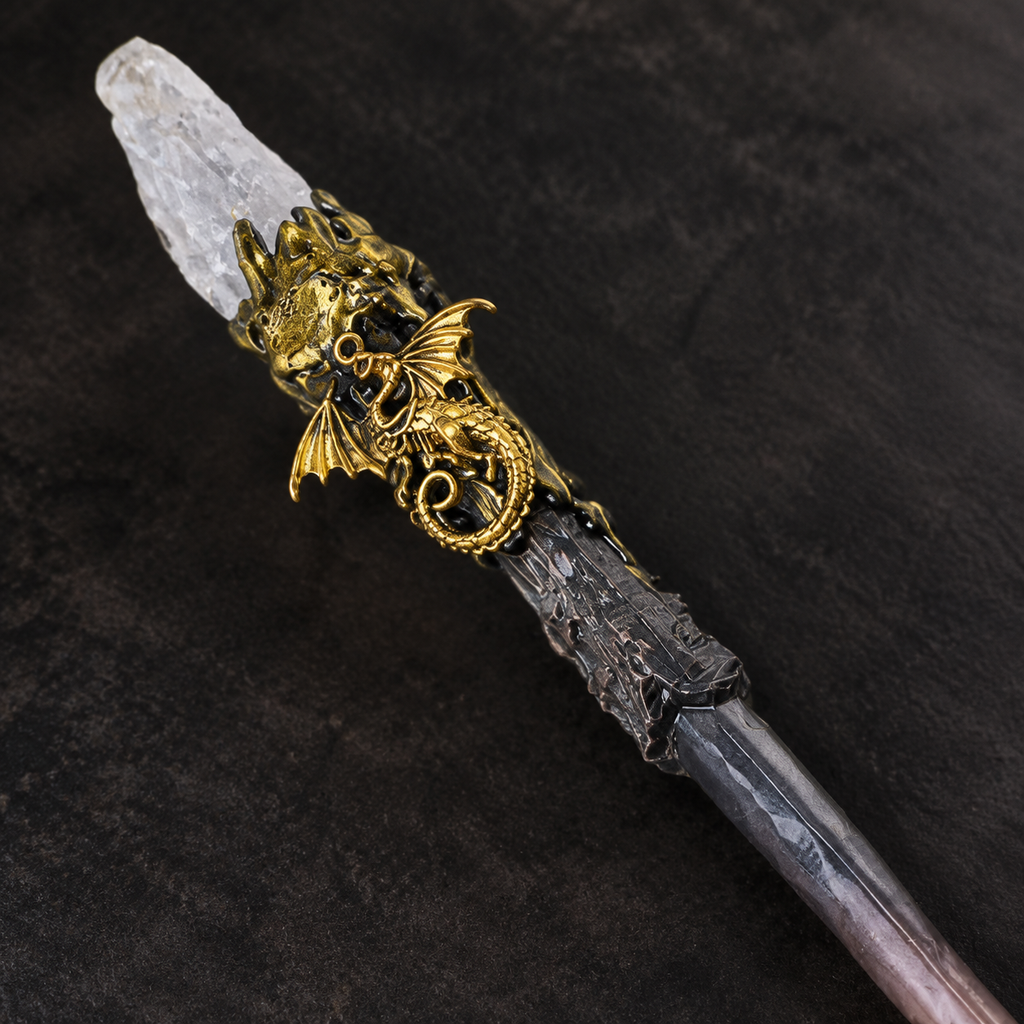 Natural Clear Quartz Style 3 Raw Stone Magic Wand - Handmade 32-38cm - magic_wand_sku11_34cm_ornament_detail_square