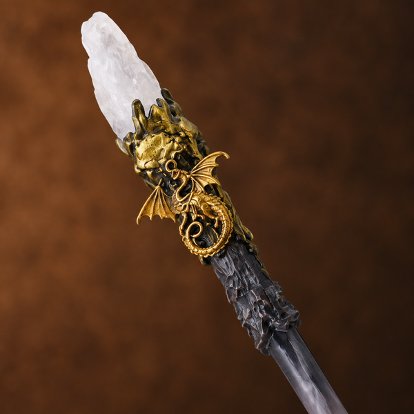 Natural Clear Quartz Style 3 Raw Stone Magic Wand - Handmade 32-38cm - magic_wand_sku11_34cm_top_closeup_square