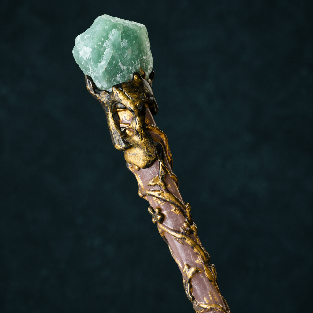 Natural Green Aventurine Raw Stone Magic Wand - Handmade 32-38cm - magic_wand_sku14_34cm_top_closeup_square